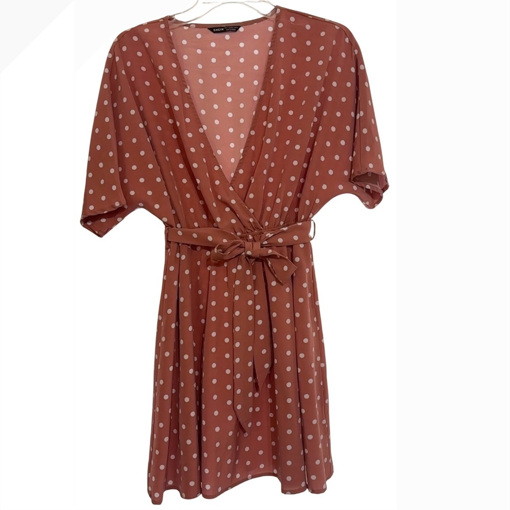 CUTE Polka Dot Mini Wrap Dress‎ Rust White Tie Belt Short Sleeve Casual Summer L